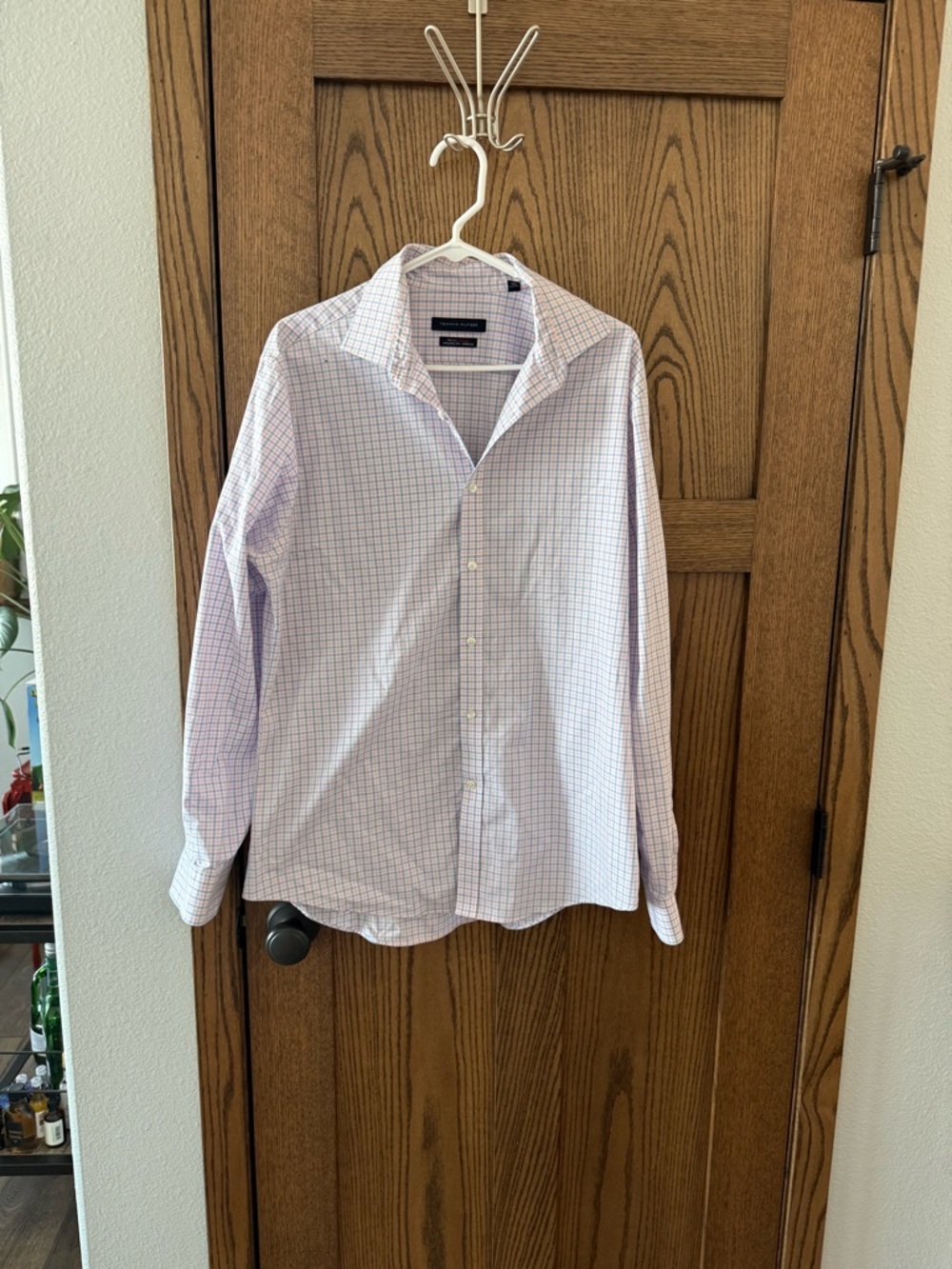 Tommy Hilfiger White Button-Down Shirt with Light Blue and Pink Windowpane